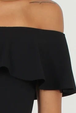 Rebellious Fashion Black Bardot Frill Midi Dress - Lily