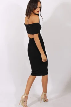 Rebellious Fashion Black Bardot Frill Open Back Midi Dress - Trish
