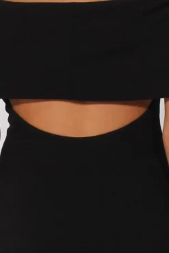 Rebellious Fashion Black Bardot Frill Open Back Midi Dress - Trish