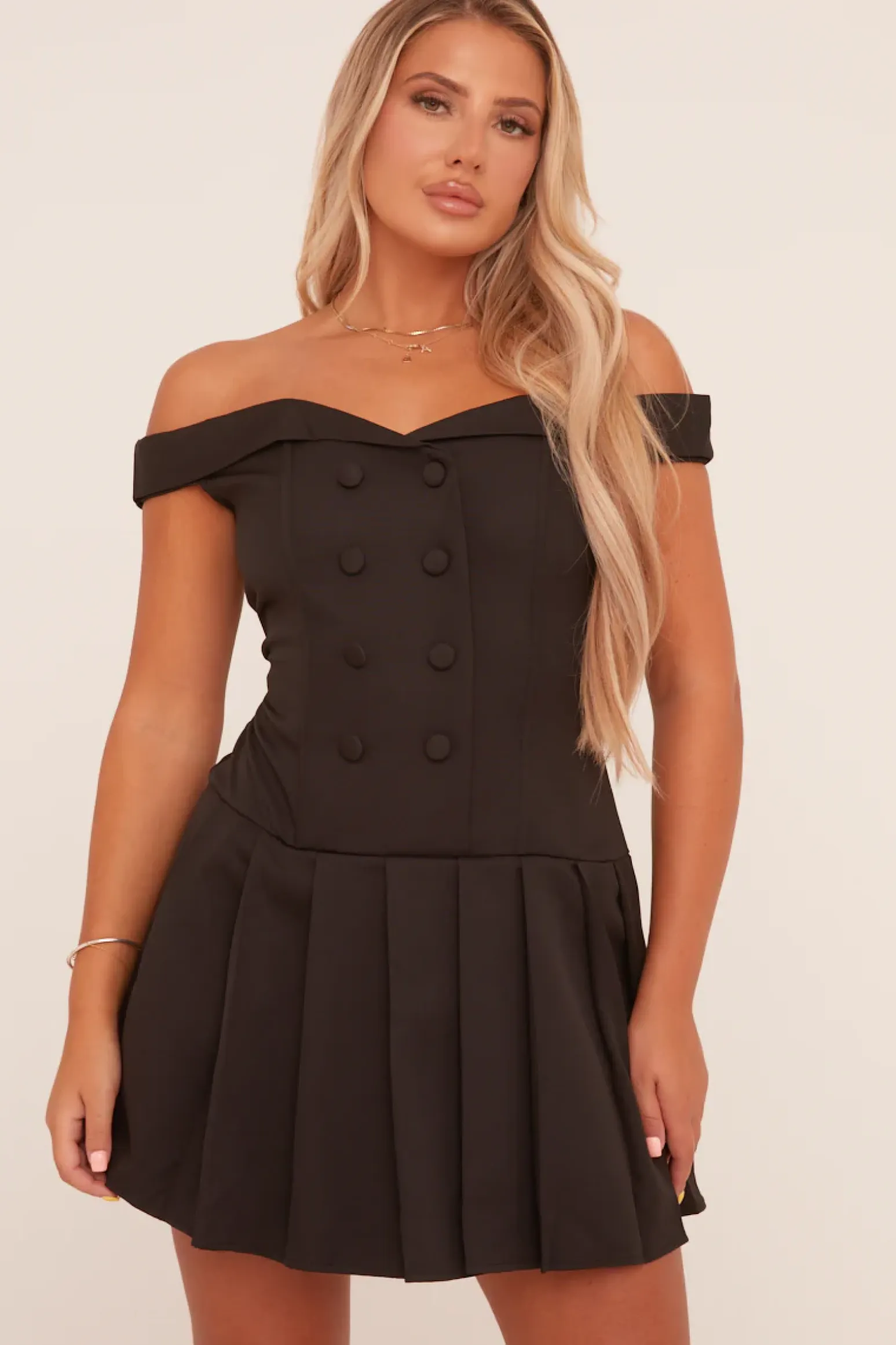 Rebellious Fashion Black Bardot Pleated Tailored Blazer Dress - Elmina