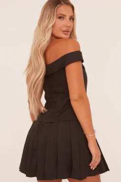 Rebellious Fashion Black Bardot Pleated Tailored Blazer Dress - Elmina