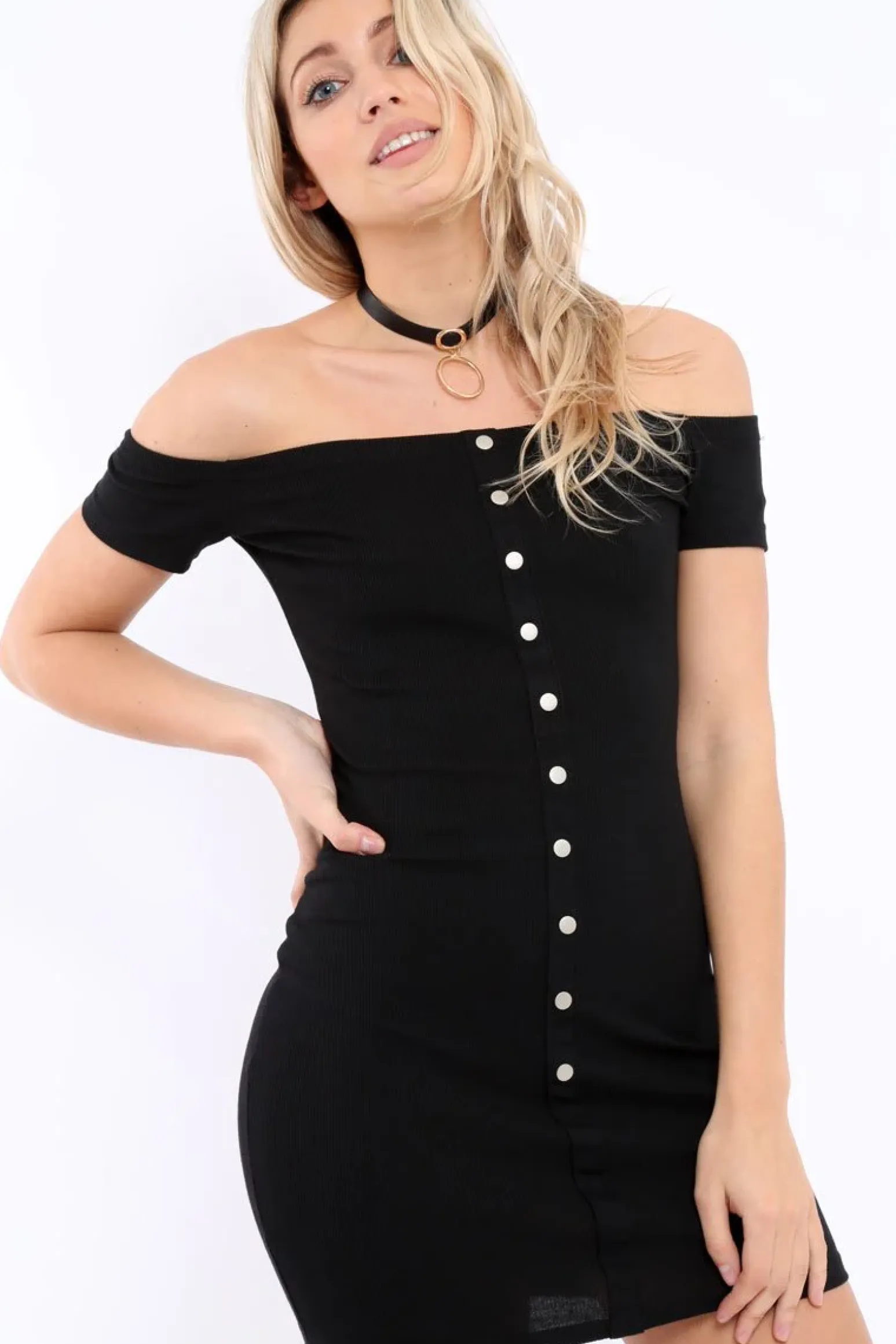 Rebellious Fashion Black Bardot Popper Mini Dress - Angelika