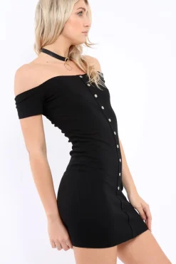 Rebellious Fashion Black Bardot Popper Mini Dress - Angelika