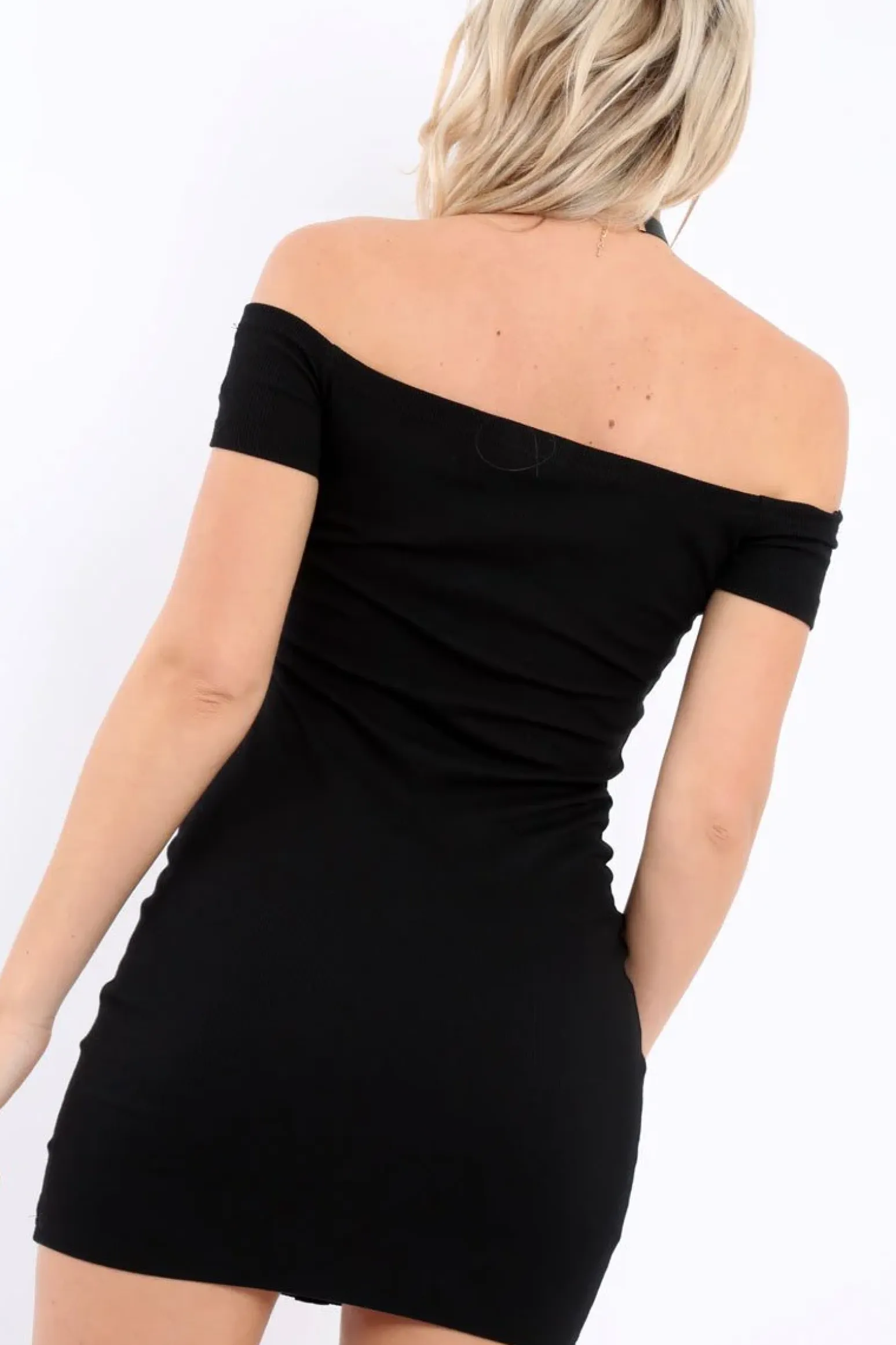 Rebellious Fashion Black Bardot Popper Mini Dress - Angelika
