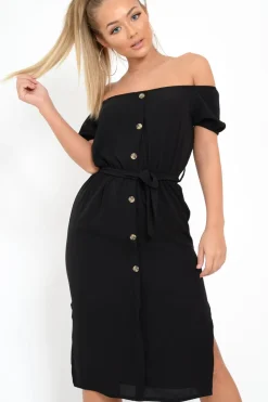 Rebellious Fashion Black Bardot Puff Sleeve Button Midi Dress - Jacinta