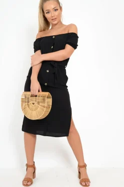 Rebellious Fashion Black Bardot Puff Sleeve Button Midi Dress - Jacinta