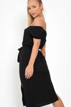 Rebellious Fashion Black Bardot Puff Sleeve Button Midi Dress - Jacinta