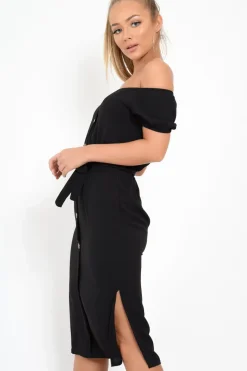 Rebellious Fashion Black Bardot Puff Sleeve Button Midi Dress - Jacinta