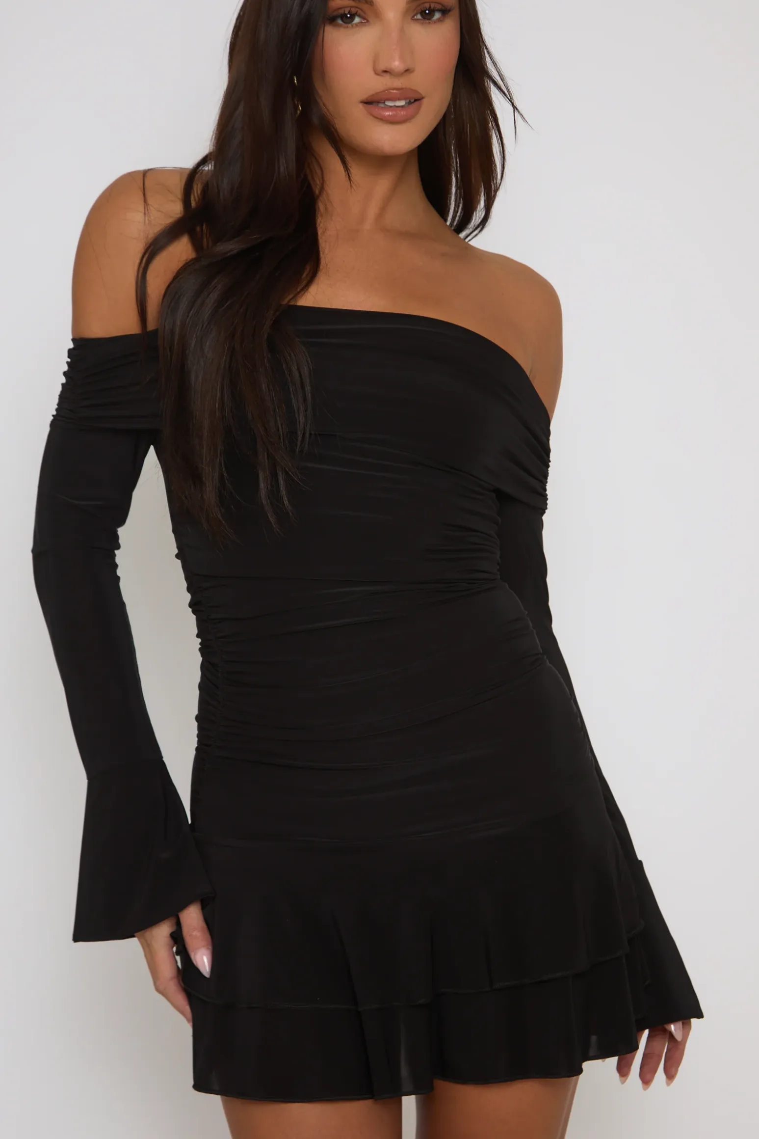 Rebellious Fashion Black Bardot Ruffle Frill Hem Mini Dress - Lotty