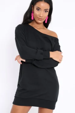 Rebellious Fashion Black Bardot Sweater Dress - Ariel