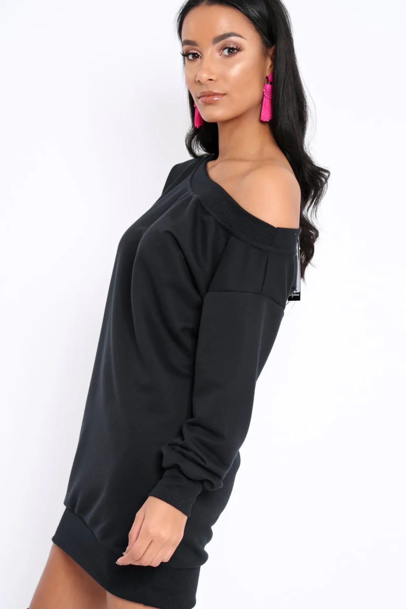Rebellious Fashion Black Bardot Sweater Dress - Ariel