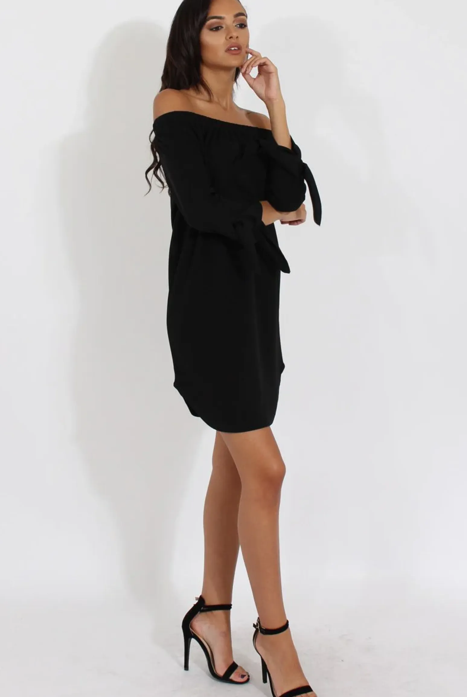 Rebellious Fashion Black Bardot Tie Cuffs Dress - Whitney