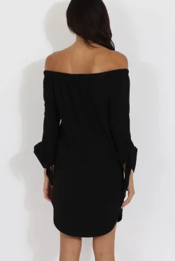 Rebellious Fashion Black Bardot Tie Cuffs Dress - Whitney
