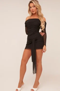 Rebellious Fashion Black Bardot Tie Front Bodycon Mini Dress - Marie