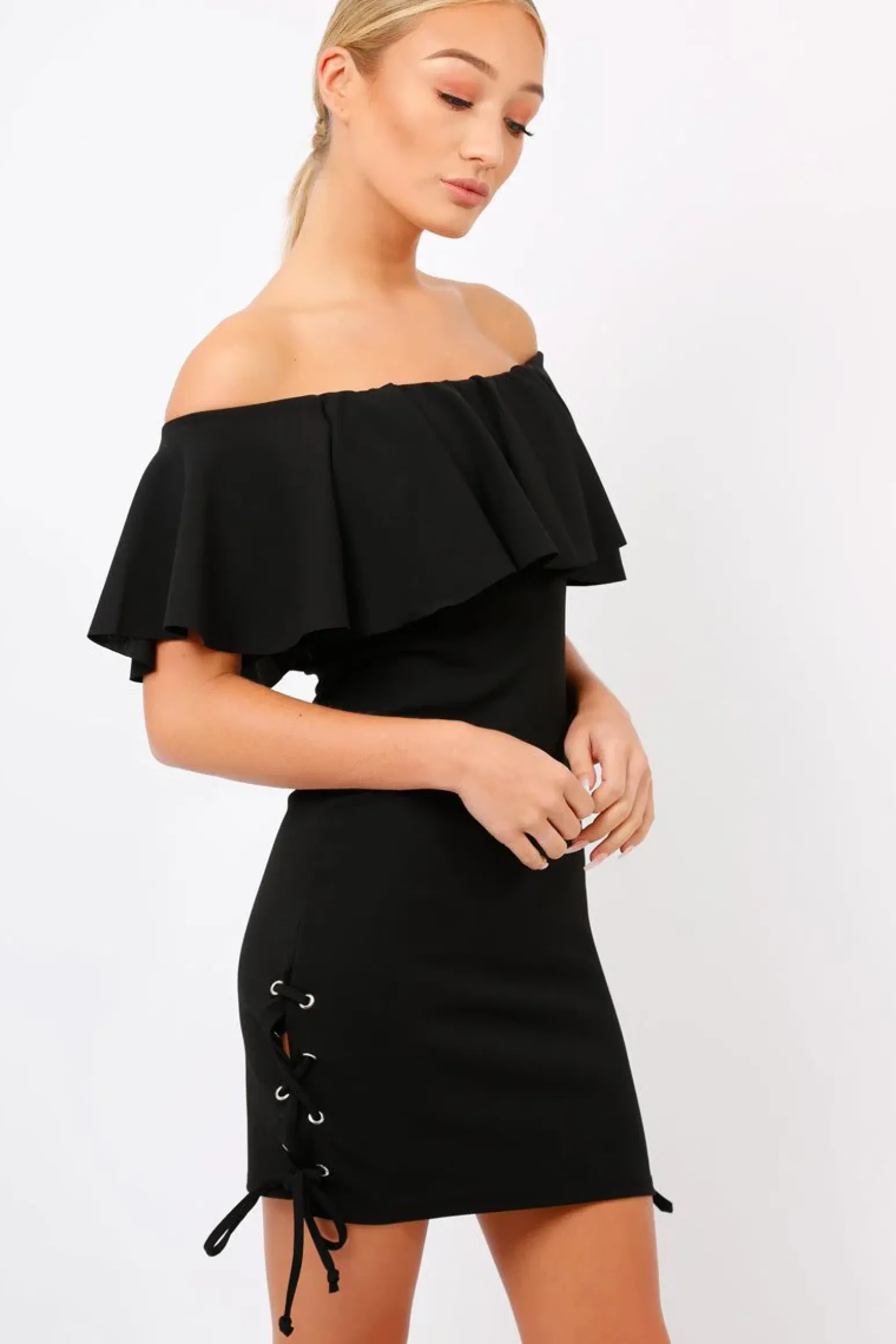 Rebellious Fashion Black Bardot Tie Up Eyelet Dress - Myra