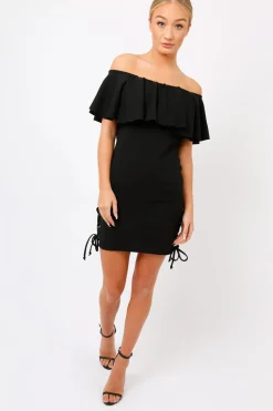 Rebellious Fashion Black Bardot Tie Up Eyelet Dress - Myra