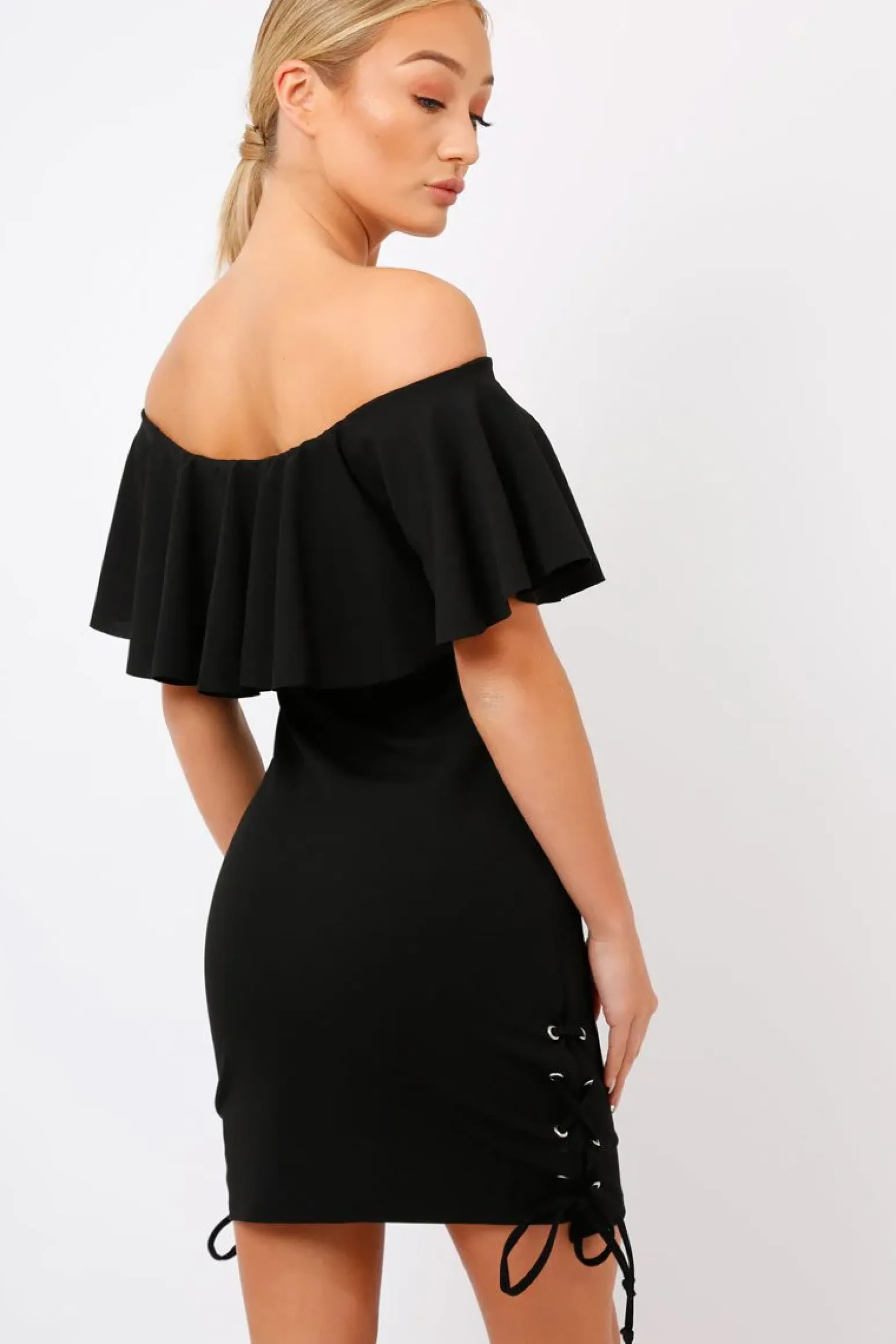 Rebellious Fashion Black Bardot Tie Up Eyelet Dress - Myra