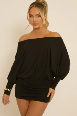 Rebellious Fashion Black Batwing Bardot Mini Dress - Clarice