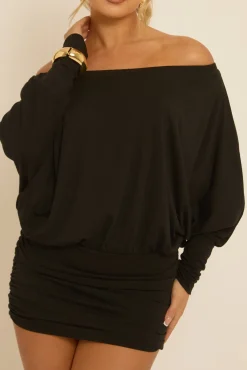 Rebellious Fashion Black Batwing Bardot Mini Dress - Clarice