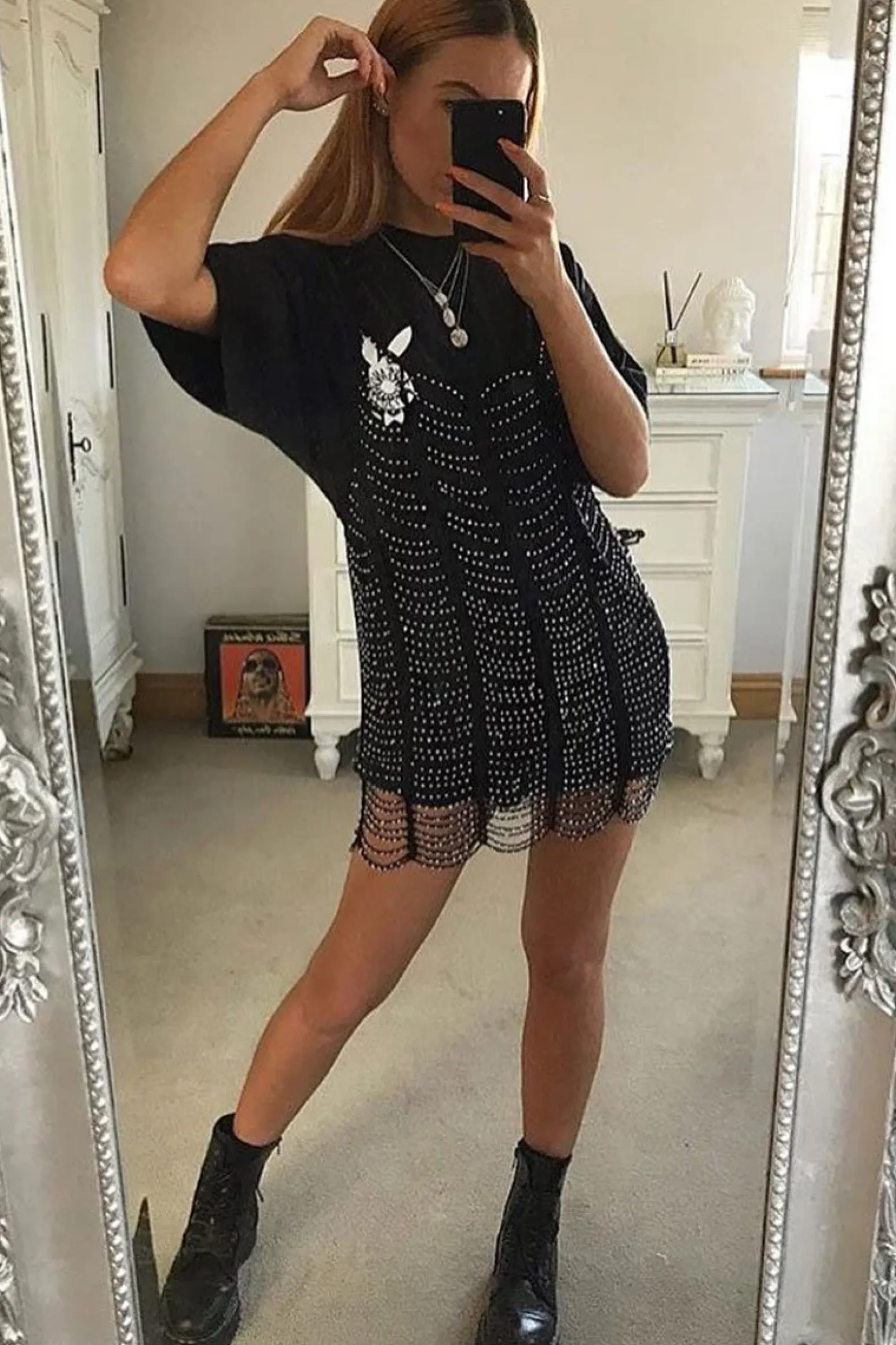 Rebellious Fashion Black Beaded Net Drop Dress - Blessyn