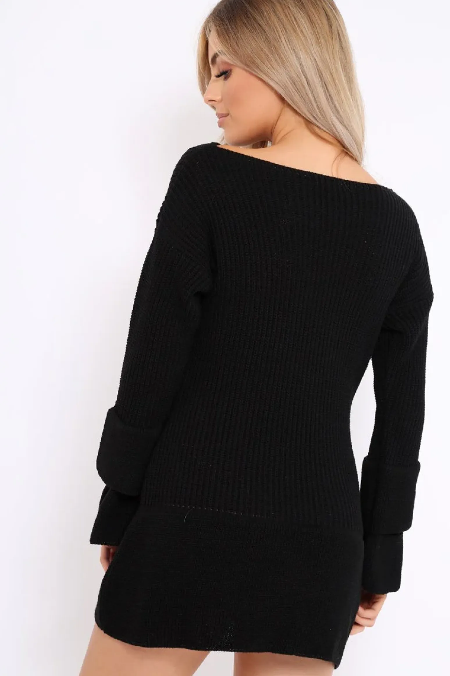 Rebellious Fashion Black Bell Sleeve Extreme Hem Chunky Knit Jumper Dress - Paige
