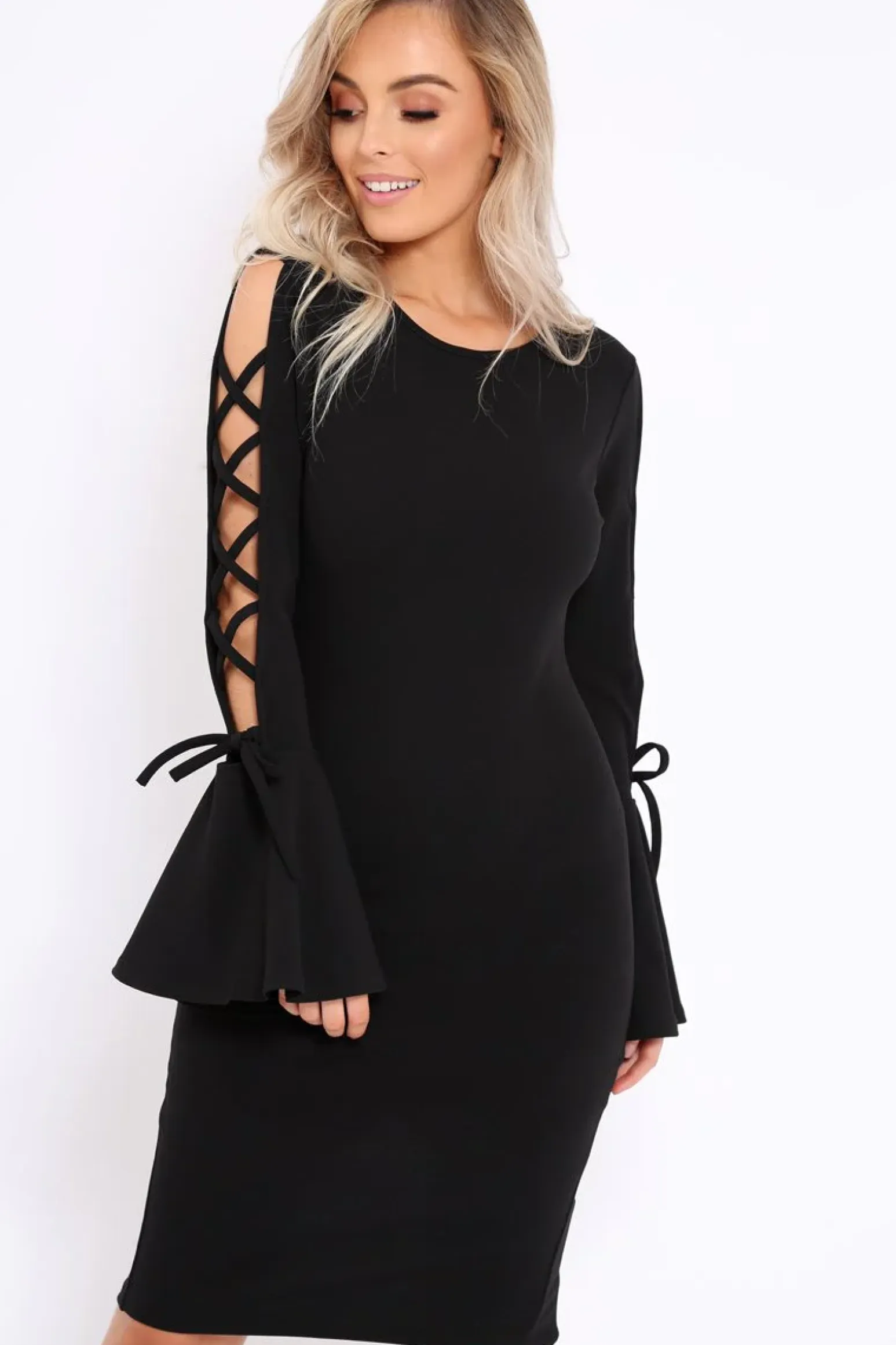 Rebellious Fashion Black Bell Sleeved Dress with Lace up Detail - Faith