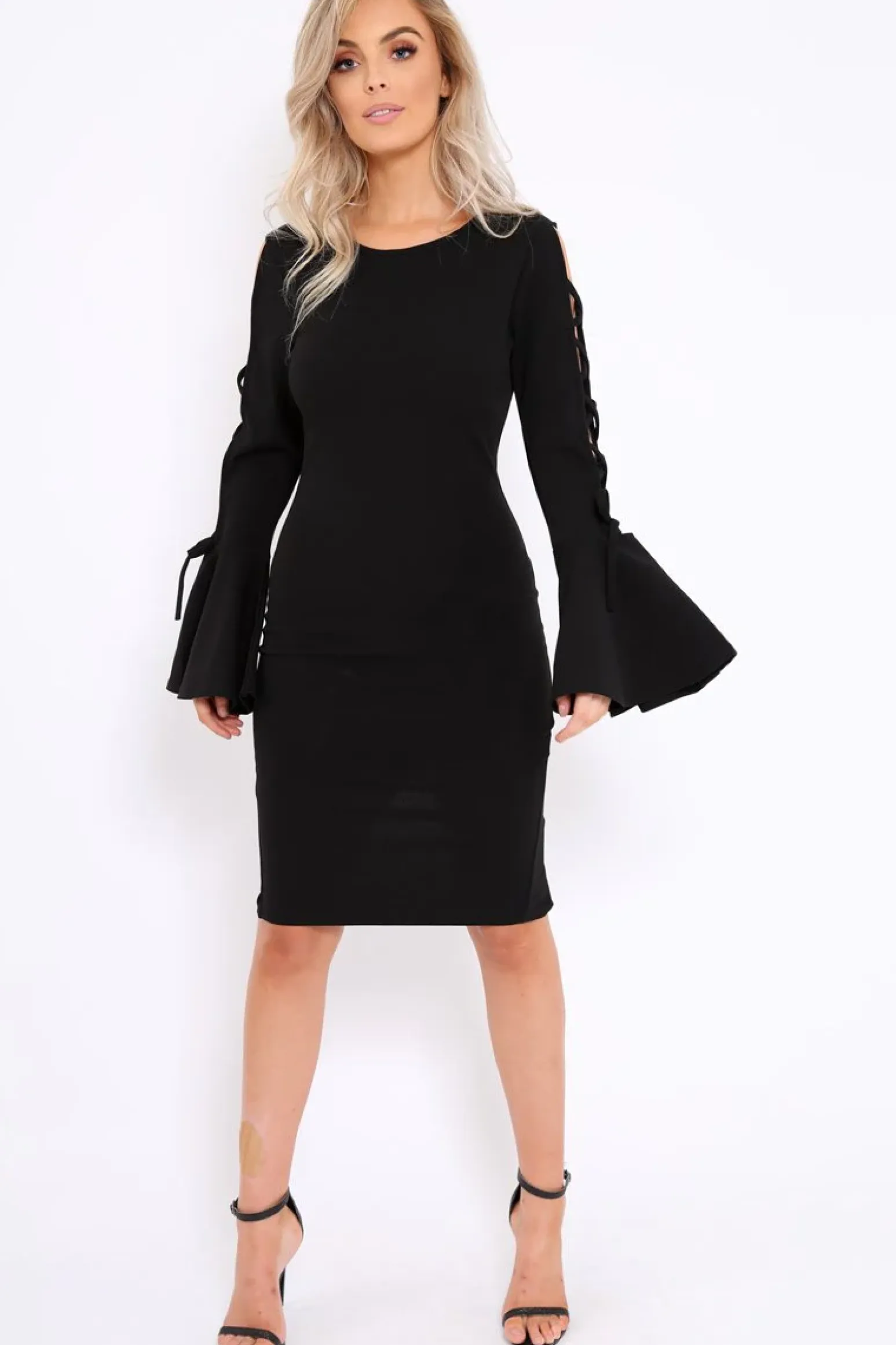 Rebellious Fashion Black Bell Sleeved Dress with Lace up Detail - Faith