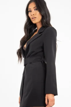 Rebellious Fashion Black Belted Button Front Blazer Dress - Naomy