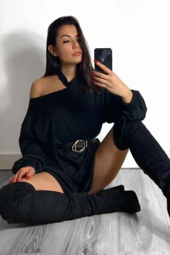 Rebellious Fashion Black Belted Cold Shoulder Jumper Dress - Elston