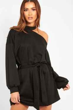 Rebellious Fashion Black Belted Cold Shoulder Jumper Dress - Elston