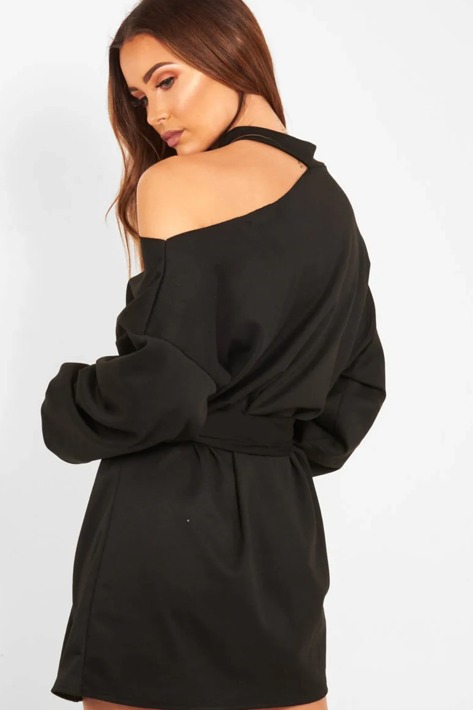 Rebellious Fashion Black Belted Cold Shoulder Jumper Dress - Elston