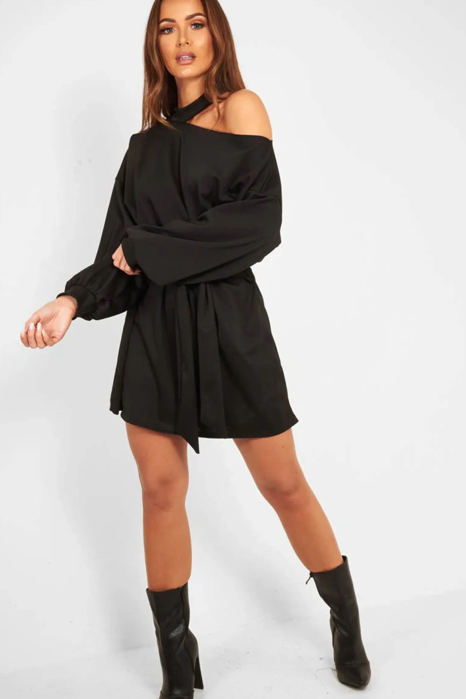 Rebellious Fashion Black Belted Cold Shoulder Jumper Dress - Elston