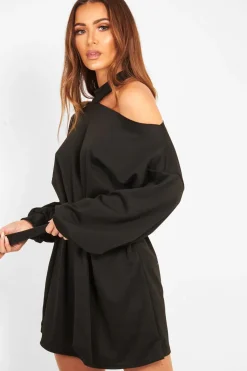 Rebellious Fashion Black Belted Cold Shoulder Jumper Dress - Elston