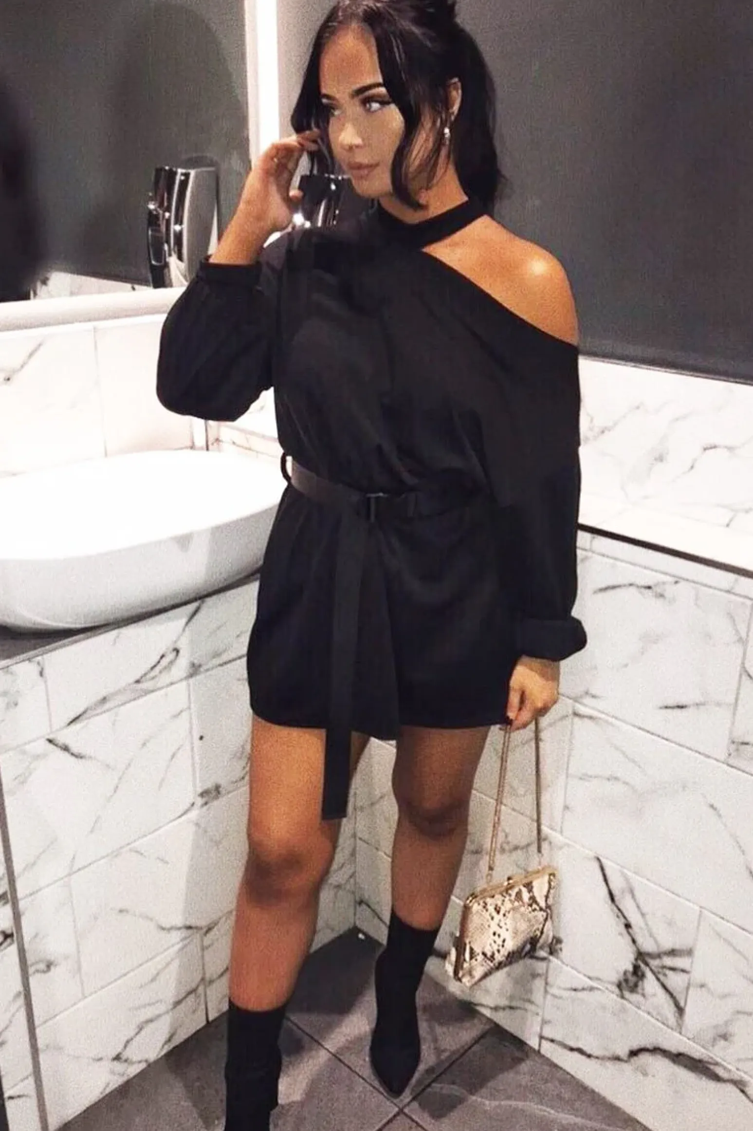 Rebellious Fashion Black Belted Cold Shoulder Jumper Dress - Elston