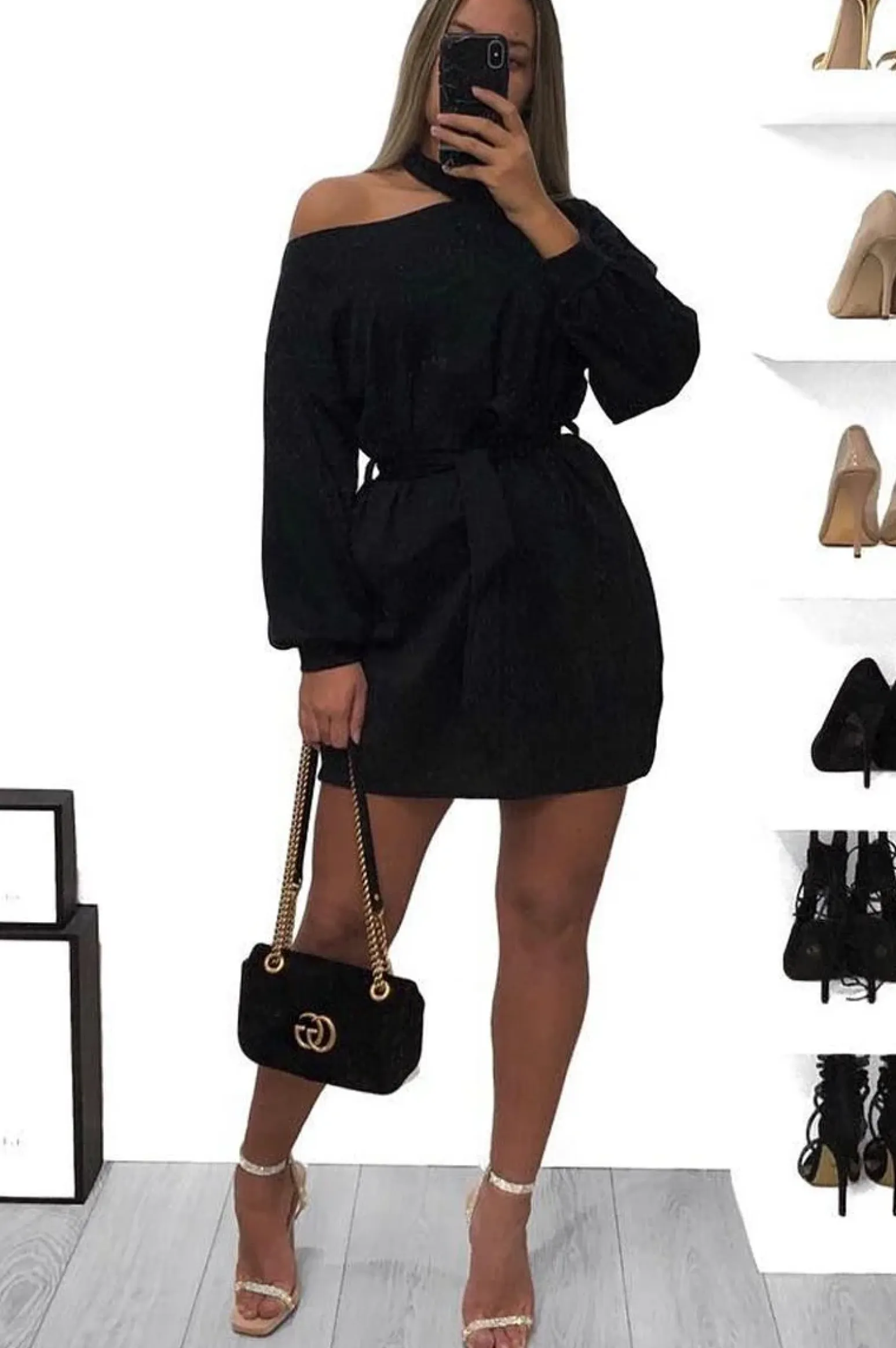 Rebellious Fashion Black Belted Cold Shoulder Jumper Dress - Elston