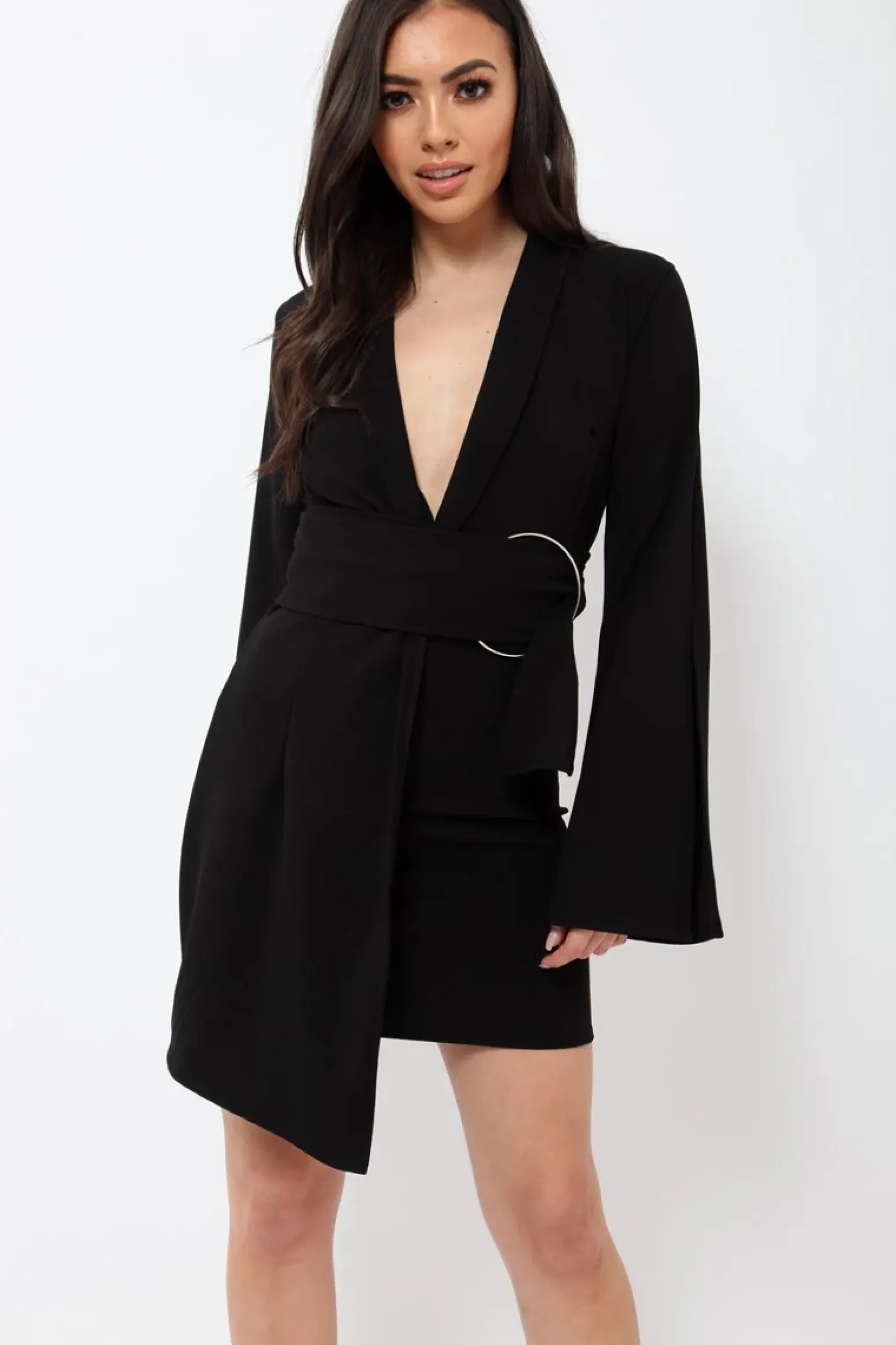Rebellious Fashion Black Blazer Dress with Ring Belt Detail - Emilie