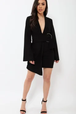 Rebellious Fashion Black Blazer Dress with Ring Belt Detail - Emilie