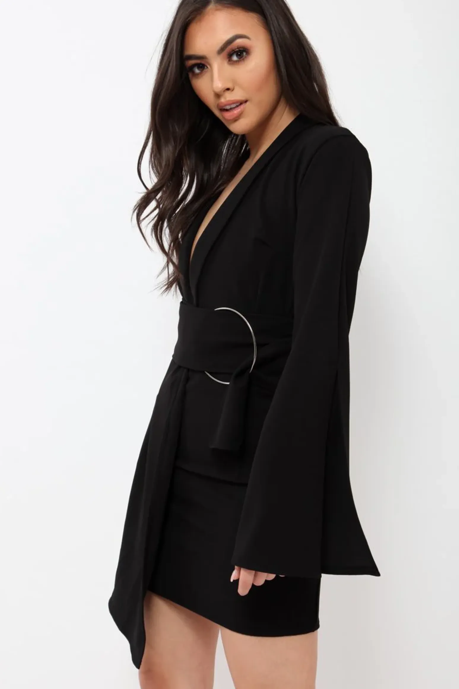 Rebellious Fashion Black Blazer Dress with Ring Belt Detail - Emilie