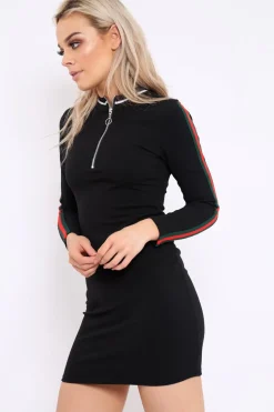 Rebellious Fashion Black bodycon dress with stripe detail - Bryonna