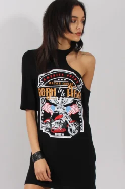 Rebellious Fashion Black Born To Be Wild Cut Out Shoulder T-Shirt Dress - Lorelei