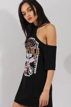 Rebellious Fashion Black Born To Be Wild Cut Out Shoulder T-Shirt Dress - Lorelei