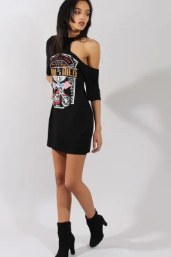 Rebellious Fashion Black Born To Be Wild Cut Out Shoulder T-Shirt Dress - Lorelei