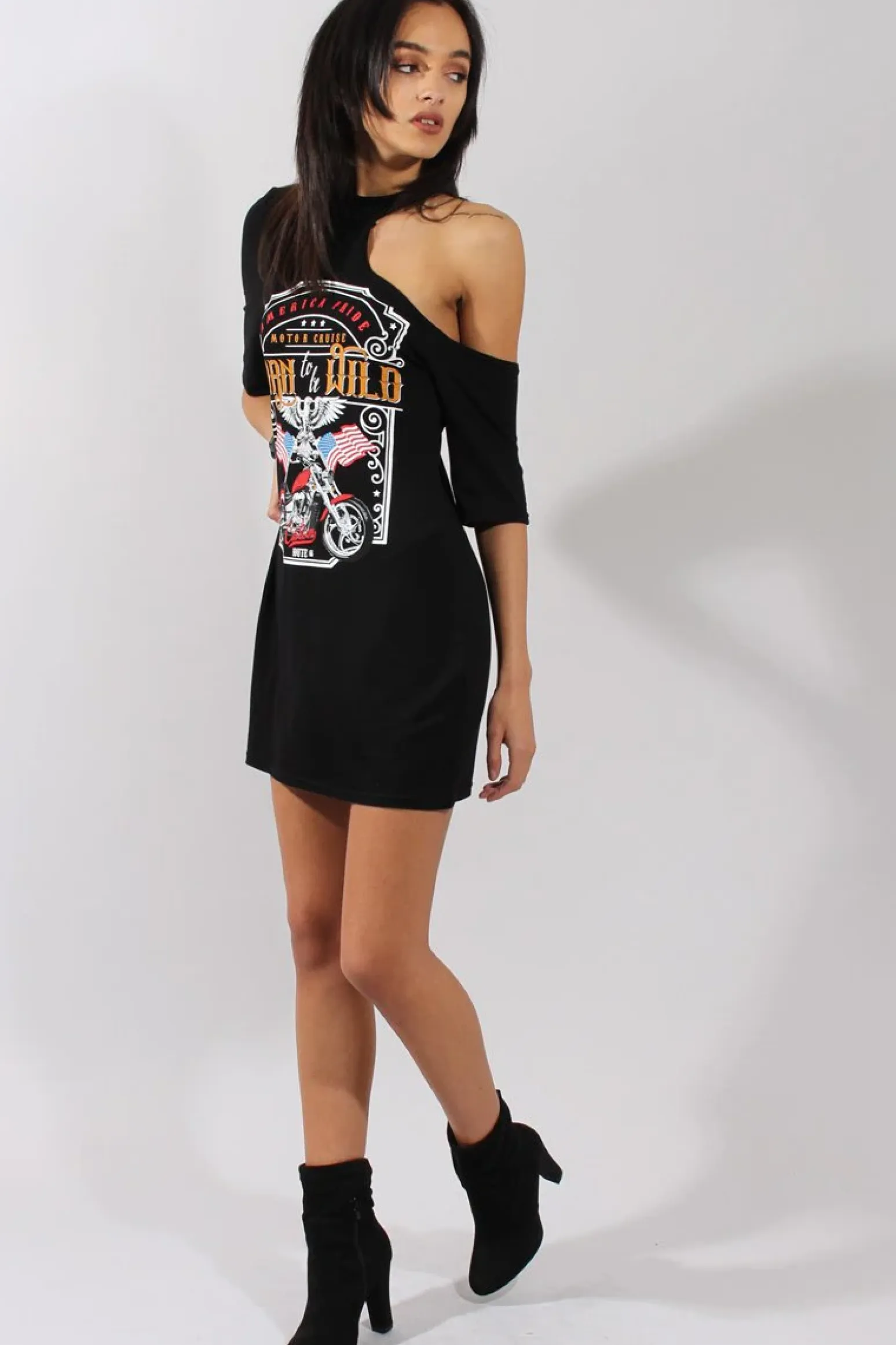 Rebellious Fashion Black Born To Be Wild Cut Out Shoulder T-Shirt Dress - Lorelei