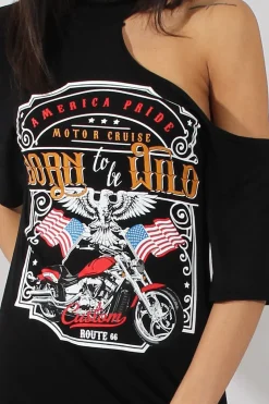 Rebellious Fashion Black Born To Be Wild Cut Out Shoulder T-Shirt Dress - Lorelei