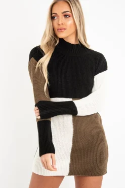 Rebellious Fashion Black Brown and Cream Knit Jumper Dress - Taila