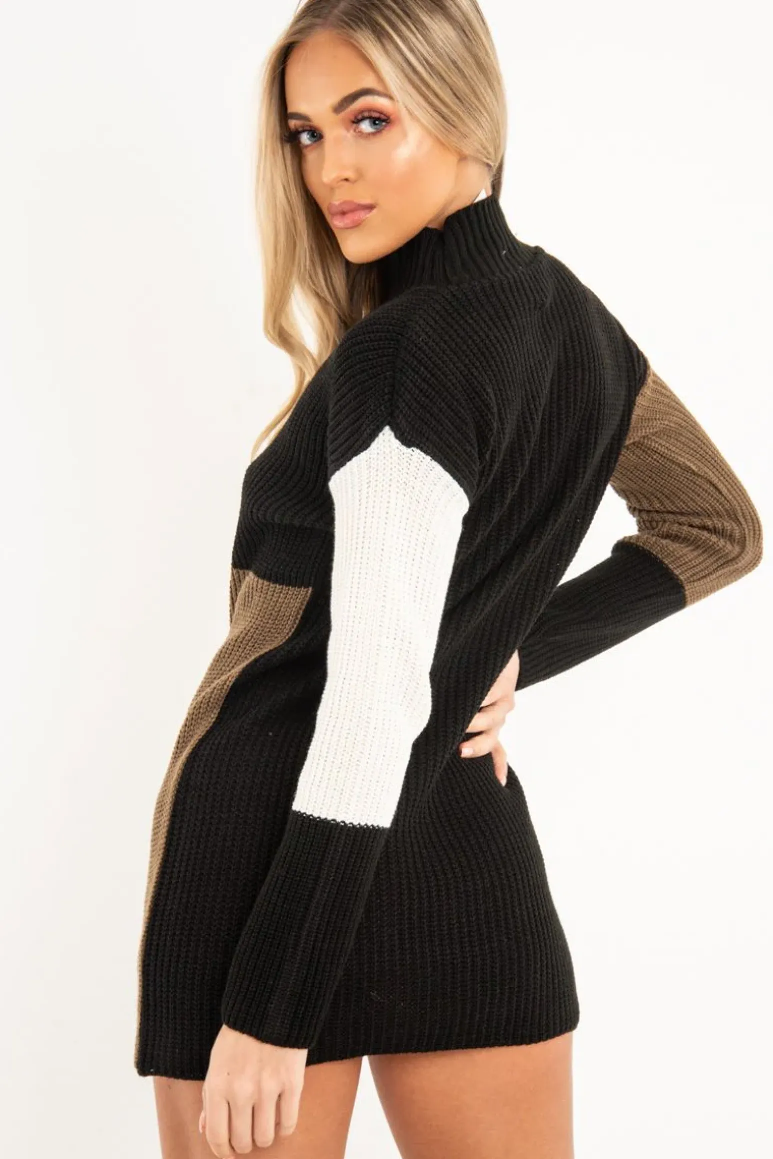 Rebellious Fashion Black Brown and Cream Knit Jumper Dress - Taila