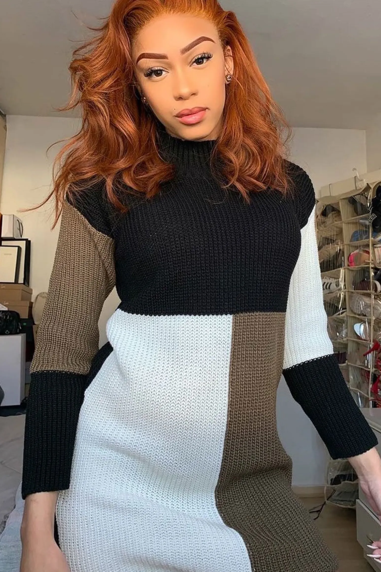 Rebellious Fashion Black Brown and Cream Knit Jumper Dress - Taila