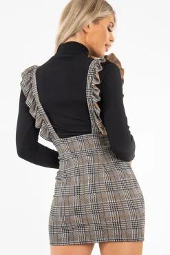 Rebellious Fashion Black Brown Check Knitted Ruffle Pinafore Dress - Vina
