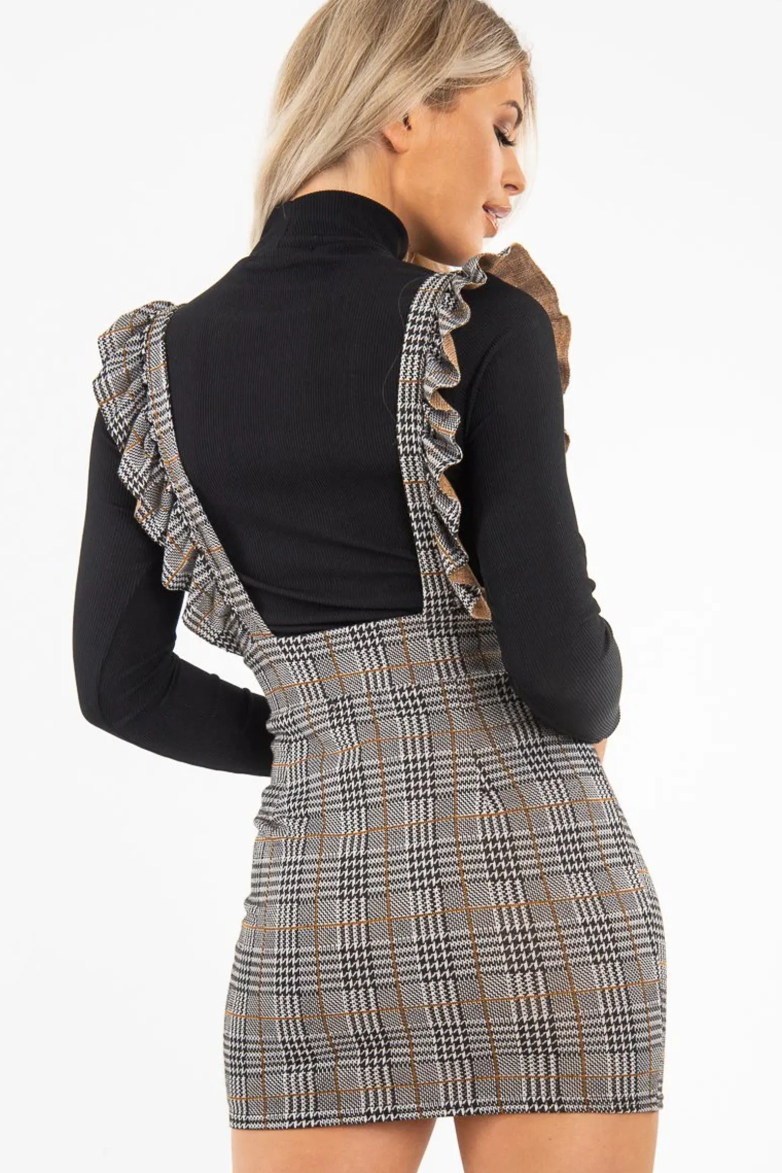 Rebellious Fashion Black Brown Check Knitted Ruffle Pinafore Dress - Vina