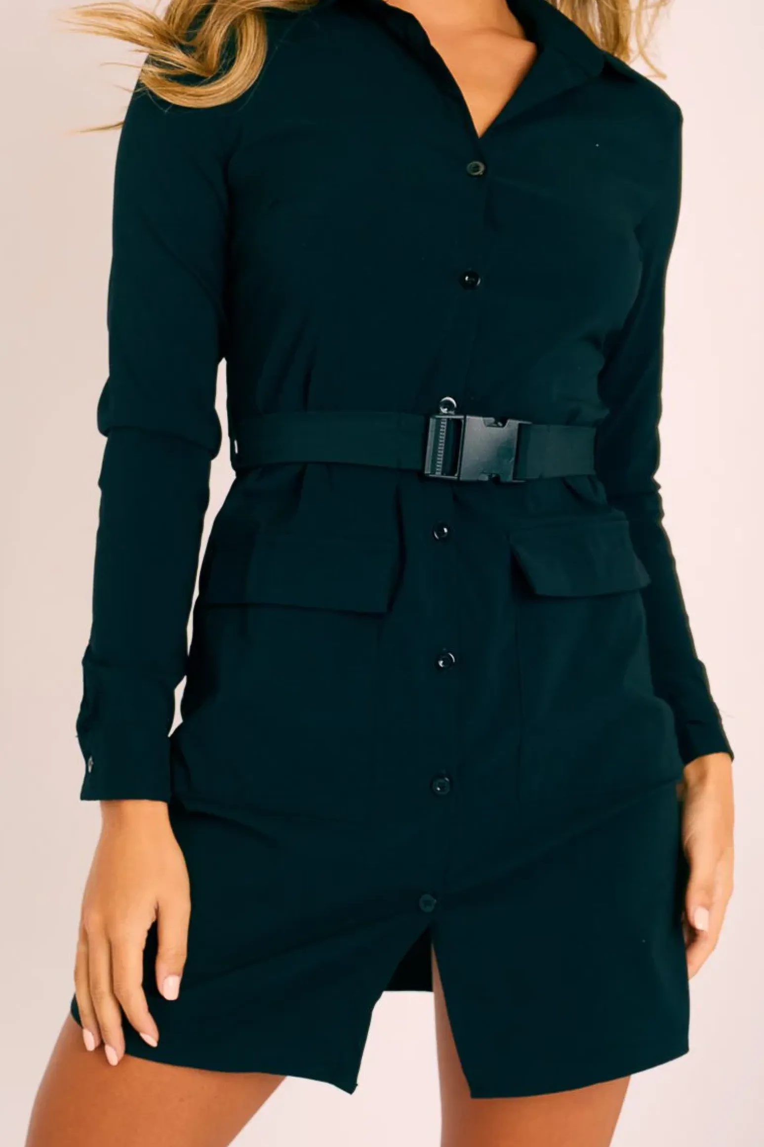 Rebellious Fashion Black Buckle Belted Utility Shirt Dress - Layla